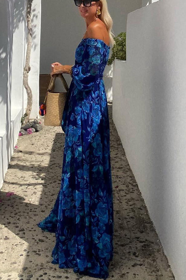 Luna™ | Long Floral Print Dress with Off-the-Shoulder Sleeves